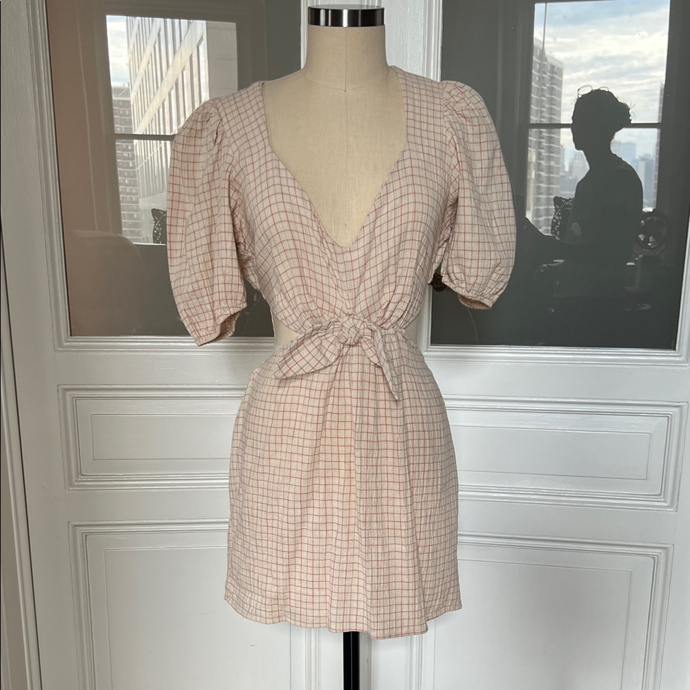 Zara Checkered Earthy Linen Sexy AF Puff Sleeve Dress. Size S